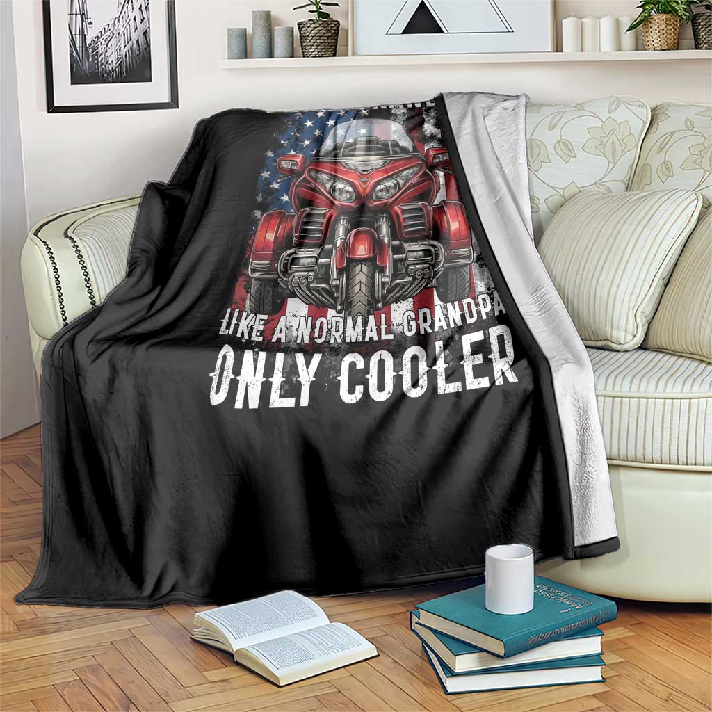 Grandpa Biker Three Wheel Motorcycle Trike Patriotic US Flag Throw Blanket