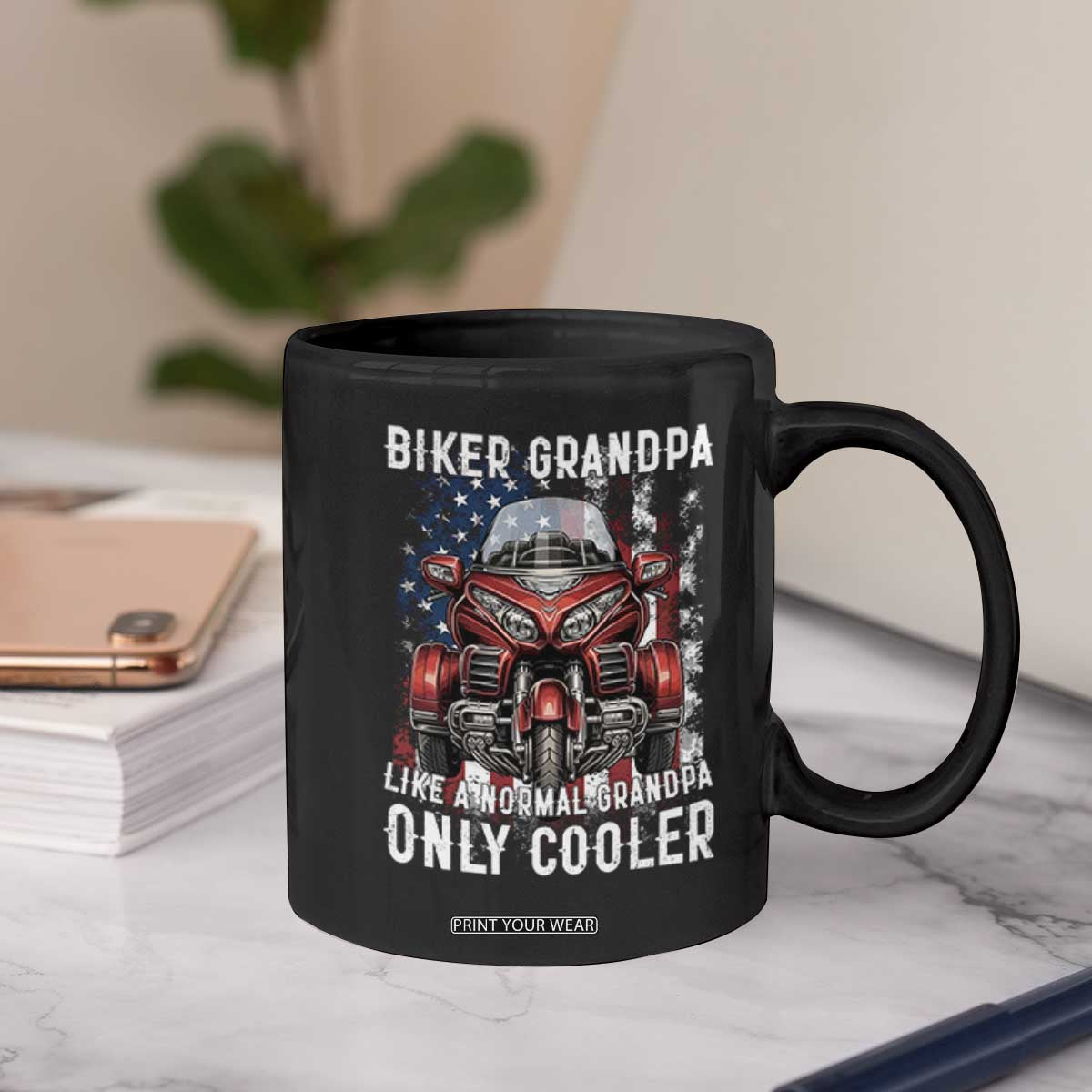 Grandpa Biker Three Wheel Motorcycle Trike Patriotic US Flag Coffee Mug