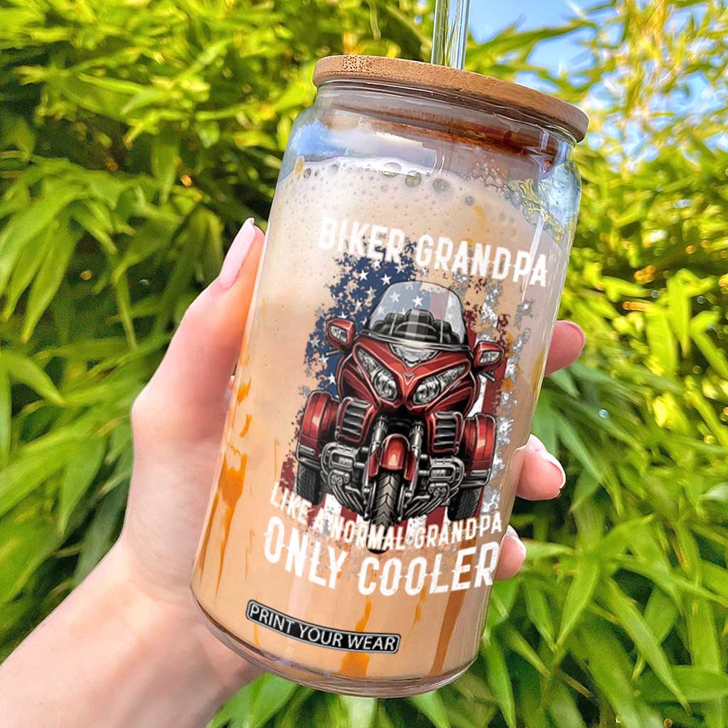 Grandpa Biker Three Wheel Motorcycle Trike Patriotic US Flag Glass Can