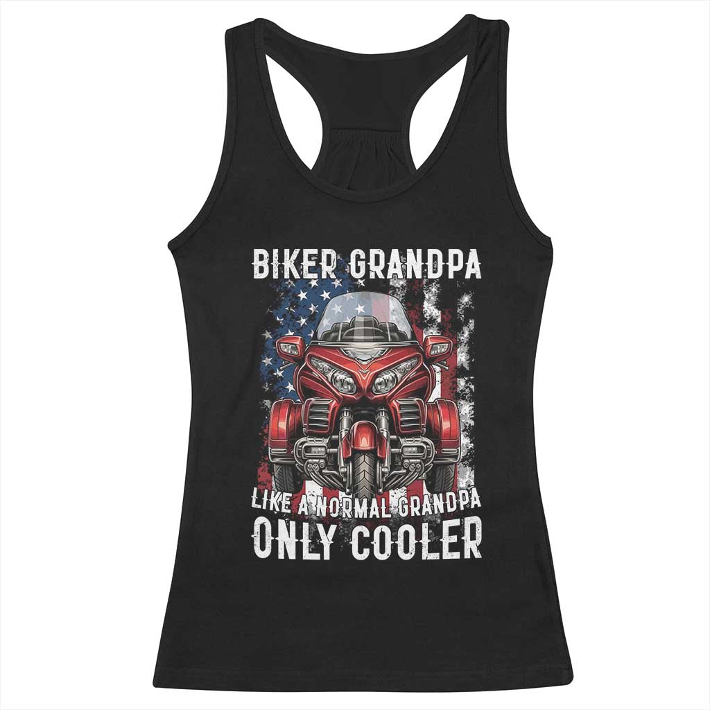 Grandpa Biker Three Wheel Motorcycle Trike Patriotic US Flag Racerback Tank Top