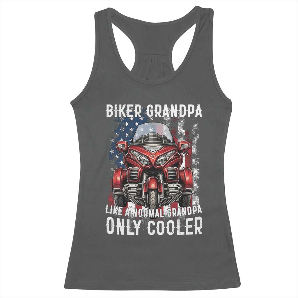 Grandpa Biker Three Wheel Motorcycle Trike Patriotic US Flag Racerback Tank Top