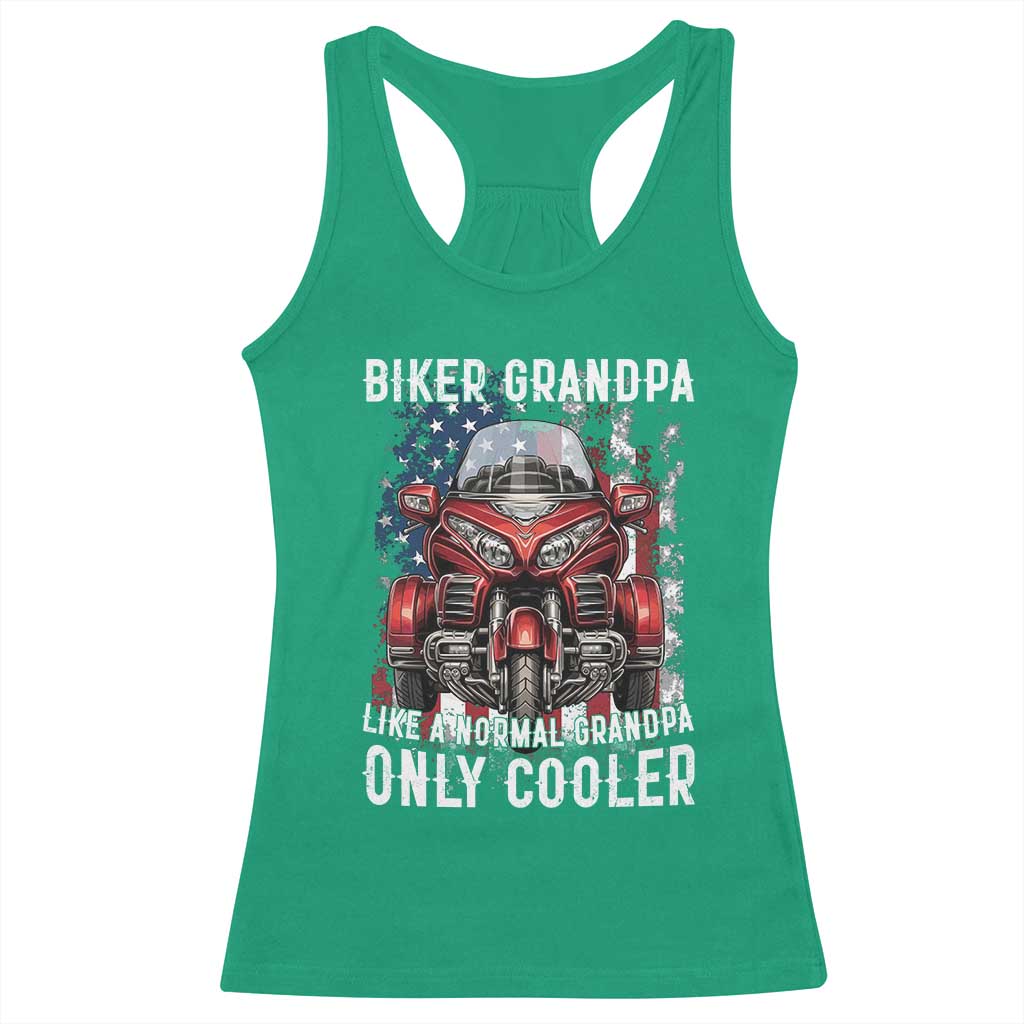 Grandpa Biker Three Wheel Motorcycle Trike Patriotic US Flag Racerback Tank Top
