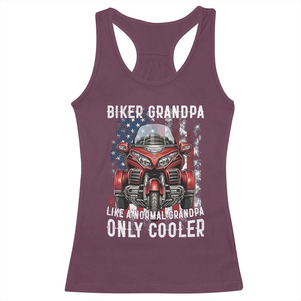 Grandpa Biker Three Wheel Motorcycle Trike Patriotic US Flag Racerback Tank Top