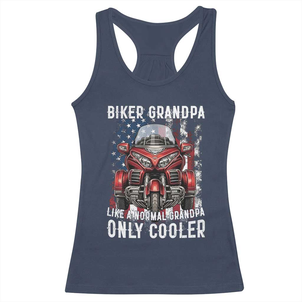 Grandpa Biker Three Wheel Motorcycle Trike Patriotic US Flag Racerback Tank Top