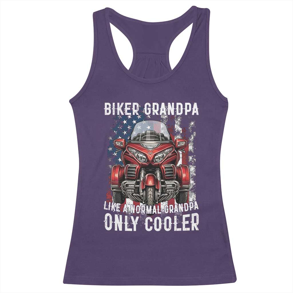 Grandpa Biker Three Wheel Motorcycle Trike Patriotic US Flag Racerback Tank Top