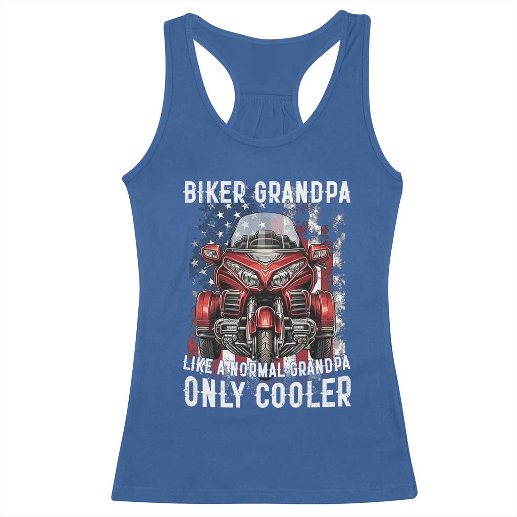Grandpa Biker Three Wheel Motorcycle Trike Patriotic US Flag Racerback Tank Top