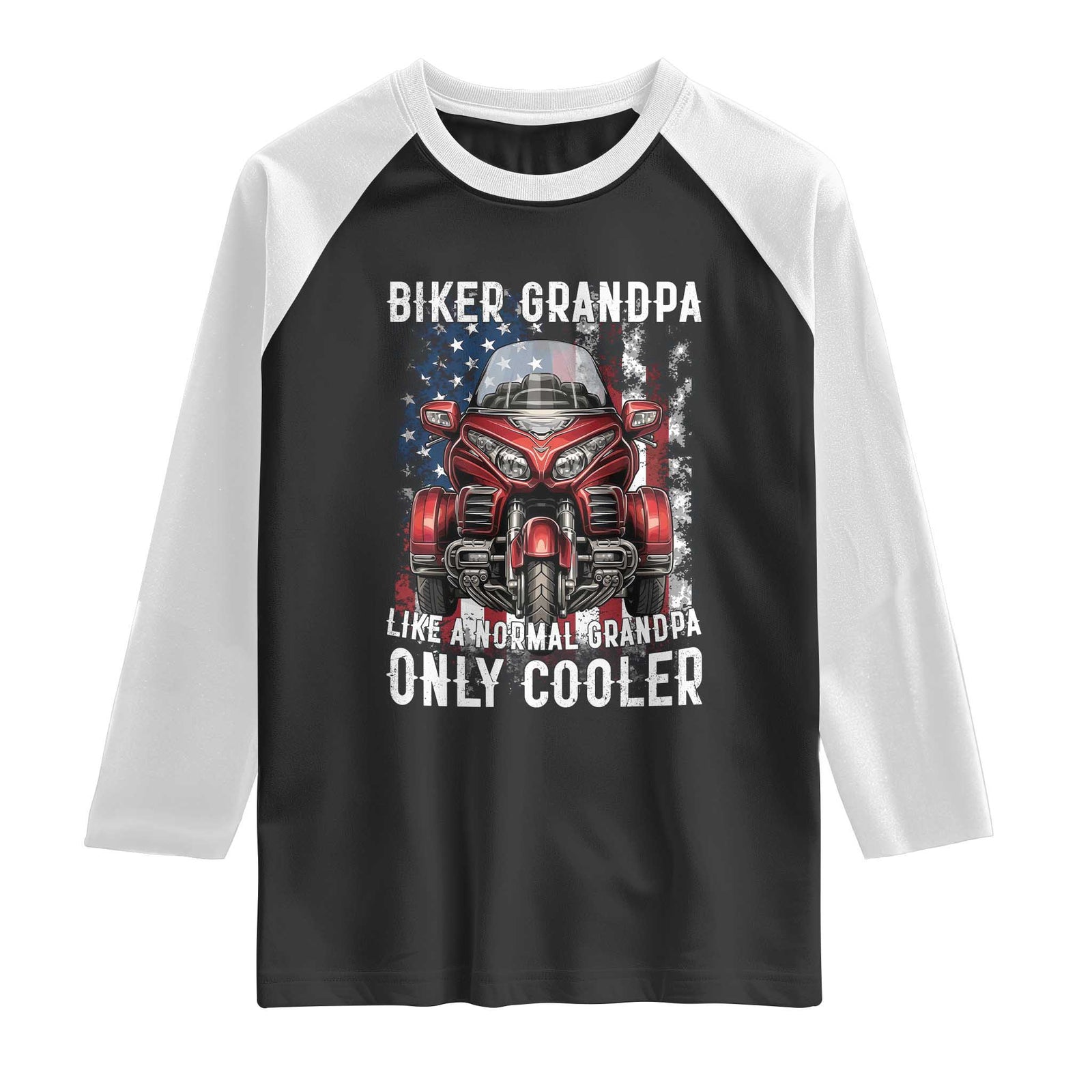 Grandpa Biker Three Wheel Motorcycle Trike Patriotic US Flag Raglan Shirt
