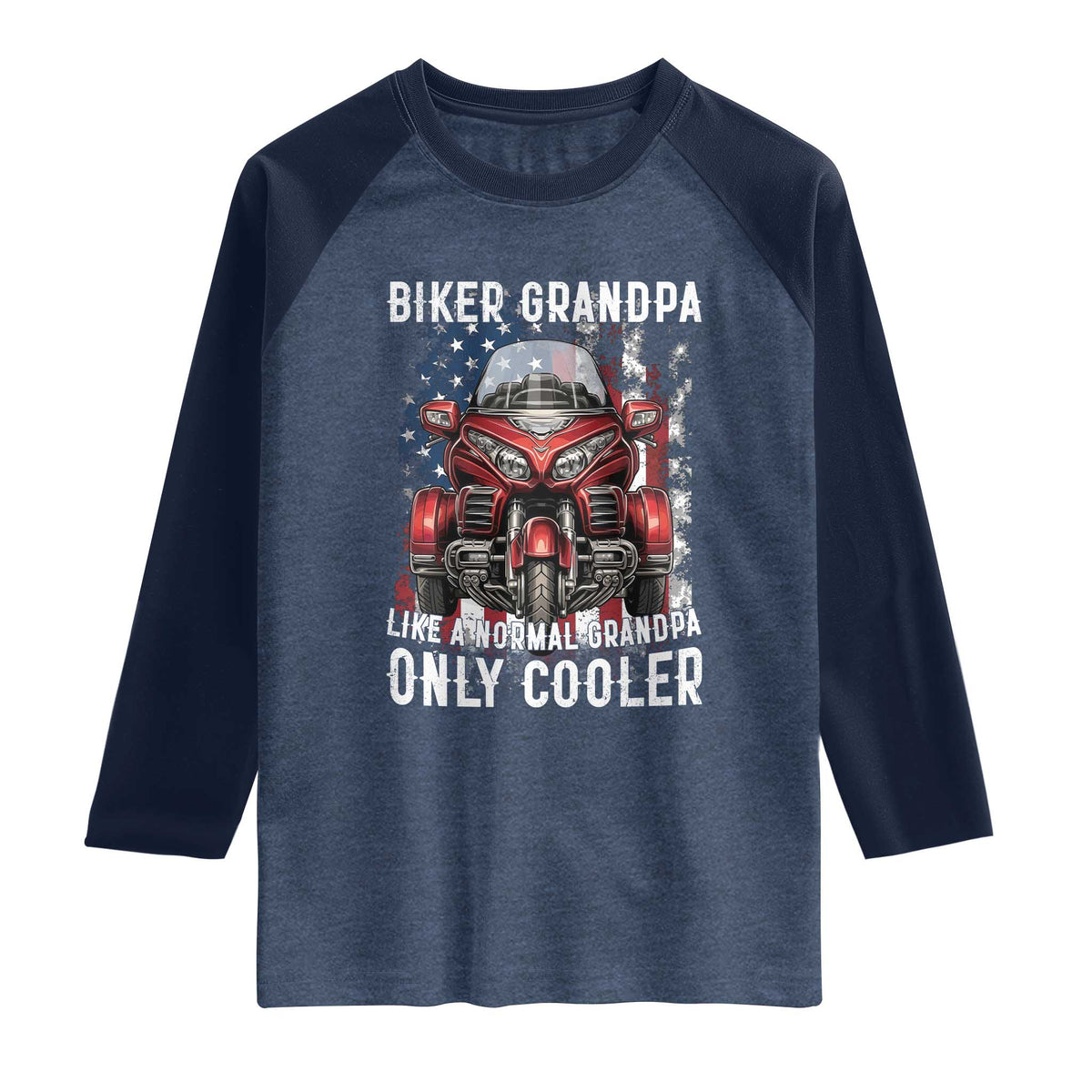 Grandpa Biker Three Wheel Motorcycle Trike Patriotic US Flag Raglan Shirt