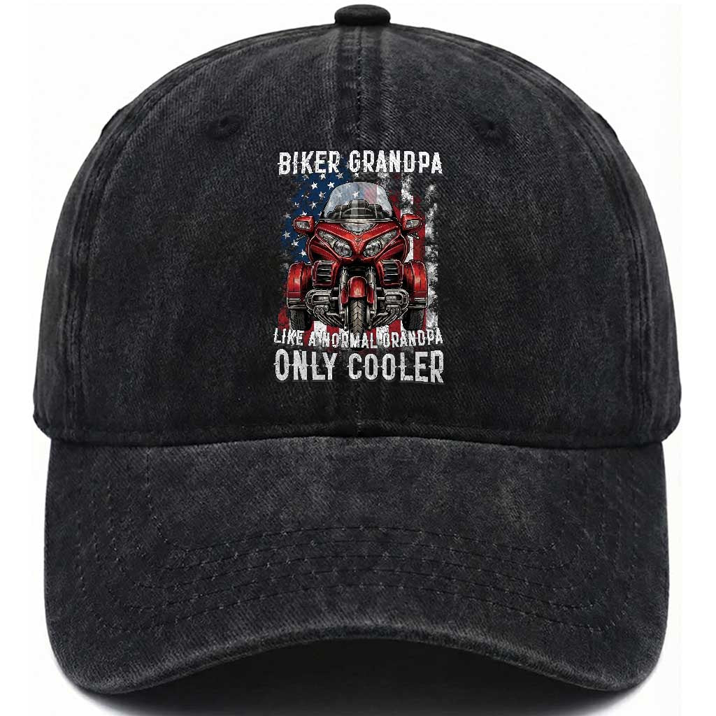 Grandpa Biker Three Wheel Motorcycle Trike Patriotic US Flag Washed Cotton Baseball Cap