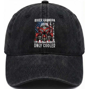 Grandpa Biker Three Wheel Motorcycle Trike Patriotic US Flag Washed Cotton Baseball Cap