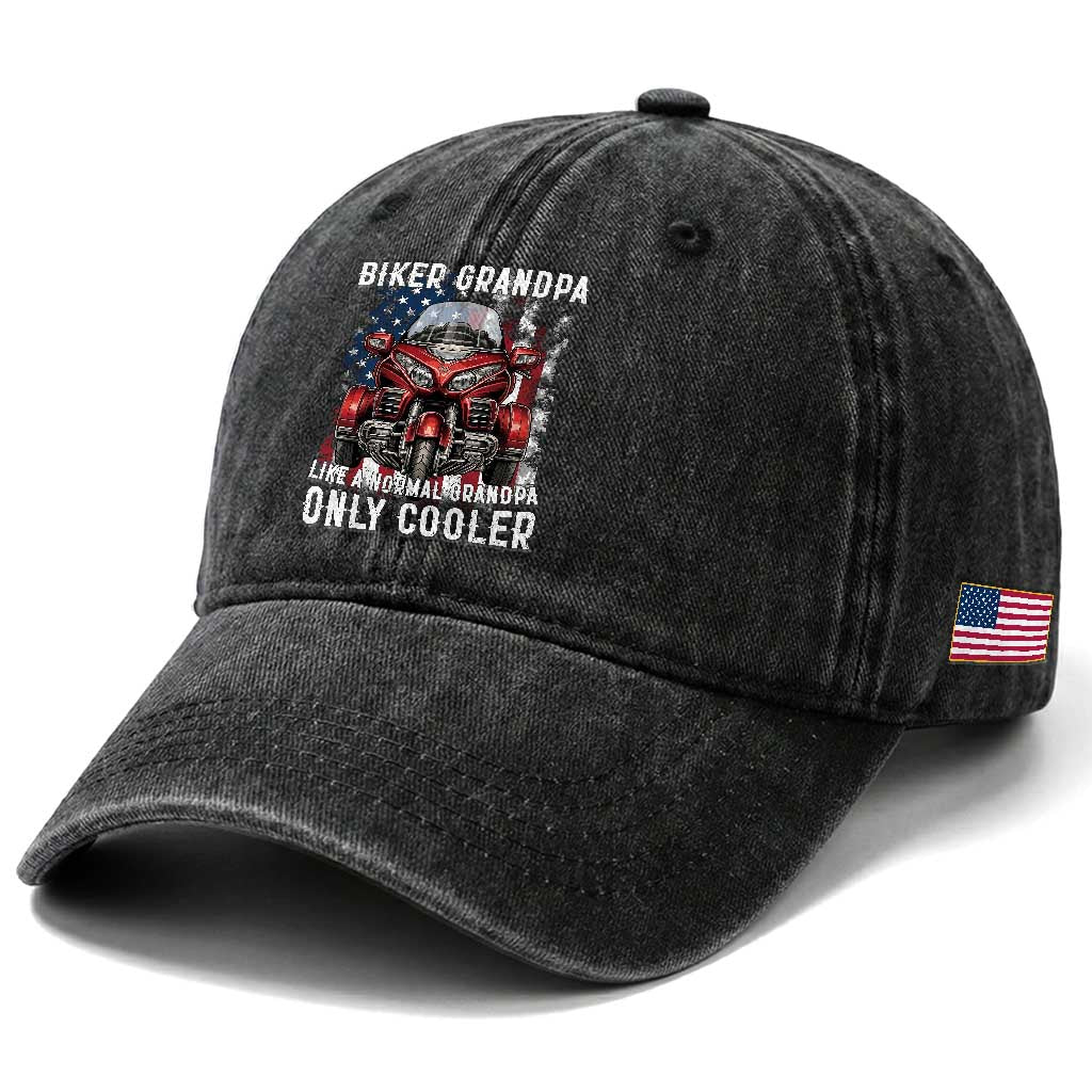 Grandpa Biker Three Wheel Motorcycle Trike Patriotic US Flag Washed Cotton Baseball Cap