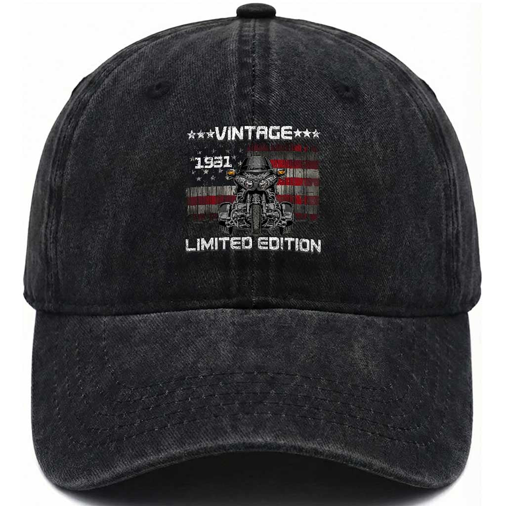 95th Birthday Three Wheel Motorcycle Trike Patriotic American Flag Washed Cotton Baseball Cap Vintage 1931 Limited Edition 95 Years Old