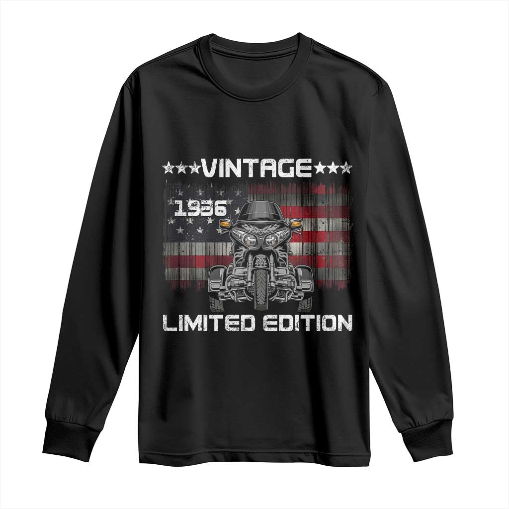 90th Birthday Three Wheel Motorcycle Trike Patriotic American Flag Long Sleeve Shirt Vintage 1936 Limited Edition 90 Years Old