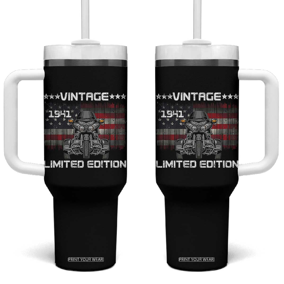 85th Birthday Three Wheel Motorcycle Trike Patriotic American Flag Tumbler With Handle Vintage 1941 Limited Edition 85 Years Old
