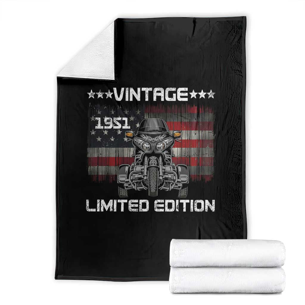 75th Birthday Three Wheel Motorcycle Trike Patriotic American Flag Throw Blanket Vintage 1951 Limited Edition 75 Years Old