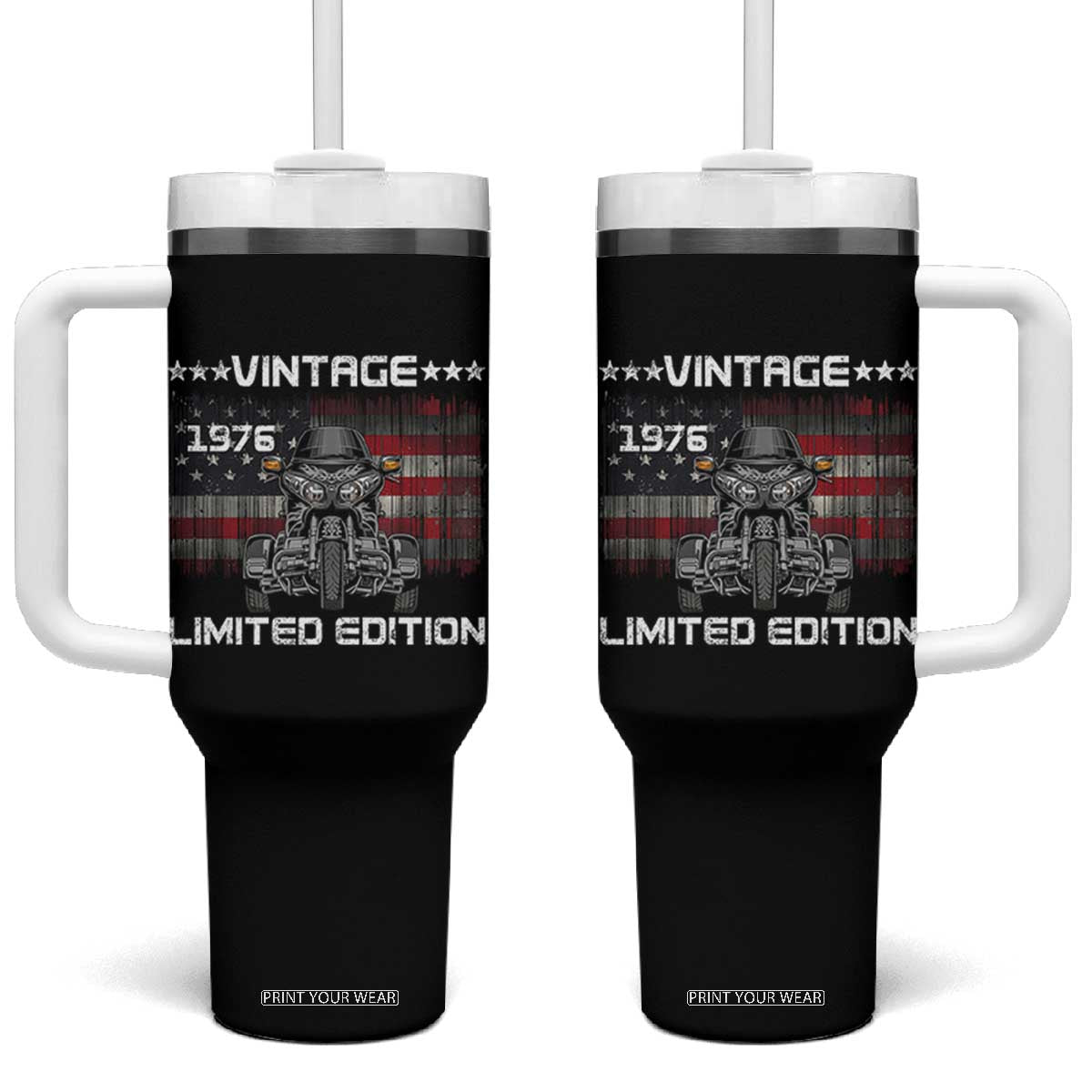 50th Birthday Three Wheel Motorcycle Trike Patriotic American Flag Tumbler With Handle Vintage 1976 Limited Edition 50 Years Old