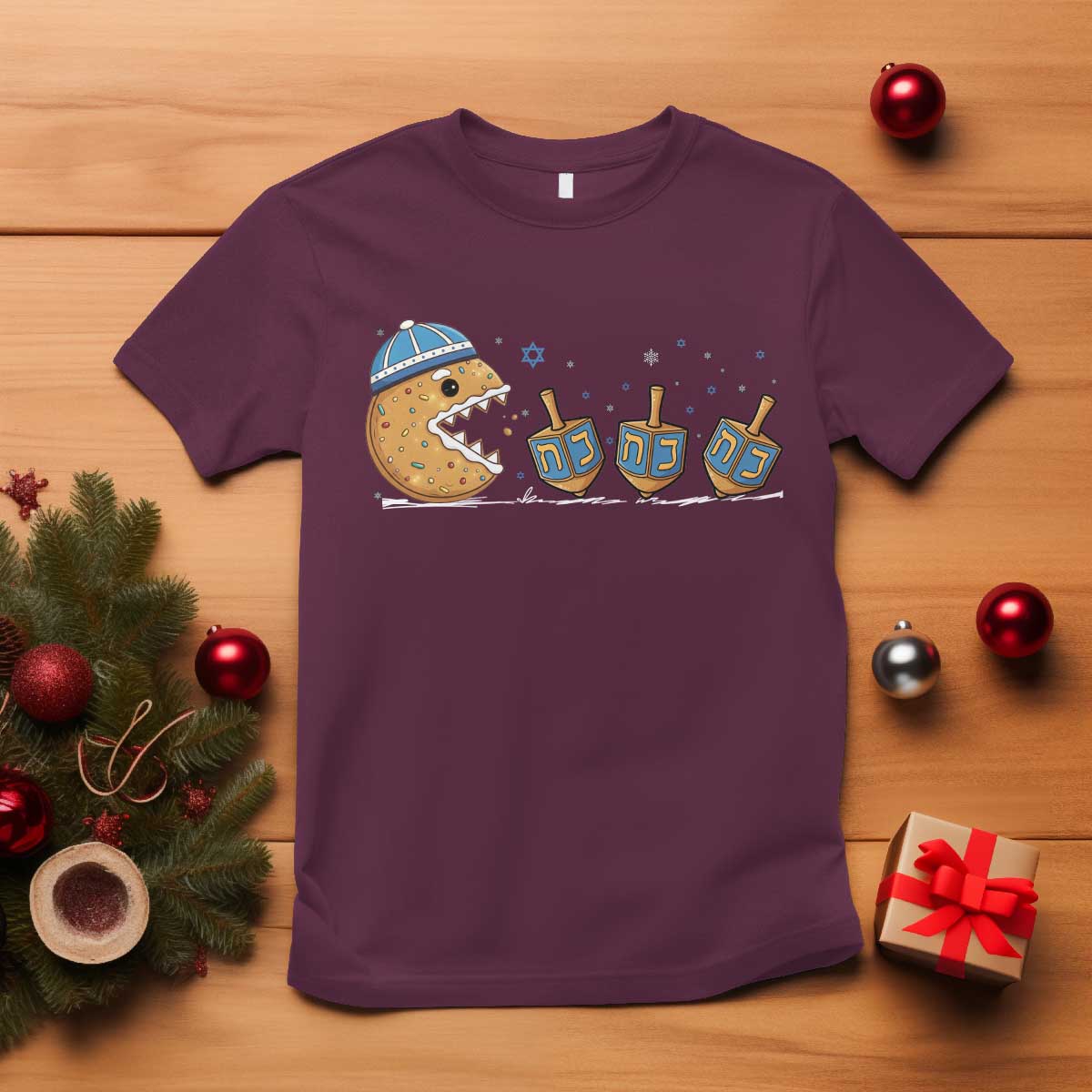 Funny Hanukkah T Shirt Donut Chasing Flames Jewish TS14 Maroon Print Your Wear