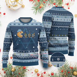 Funny Hanukkah Hanukkah Ugly Sweater Donut Chasing Flames Jewish TS14 Navy Light Blue Print Your Wear