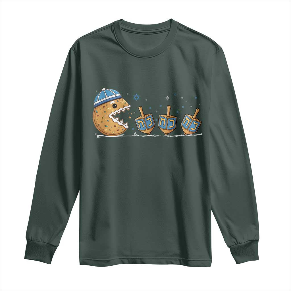 Funny Hanukkah Long Sleeve Shirt Donut Chasing Flames Jewish TS14 Dark Forest Green Print Your Wear