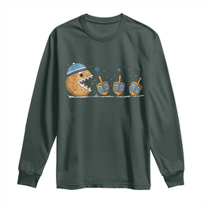 Funny Hanukkah Long Sleeve Shirt Donut Chasing Flames Jewish TS14 Dark Forest Green Print Your Wear