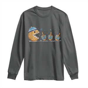Funny Hanukkah Long Sleeve Shirt Donut Chasing Flames Jewish TS14 Dark Heather Print Your Wear