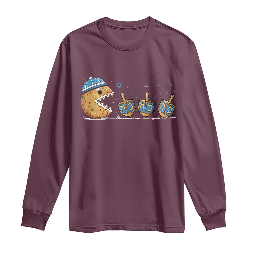 Funny Hanukkah Long Sleeve Shirt Donut Chasing Flames Jewish TS14 Maroon Print Your Wear