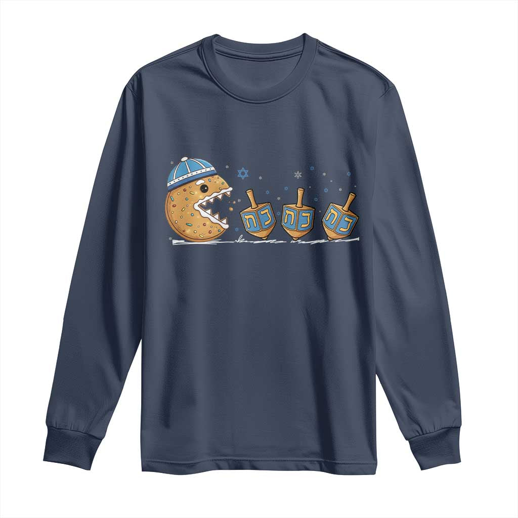 Funny Hanukkah Long Sleeve Shirt Donut Chasing Flames Jewish TS14 Navy Print Your Wear