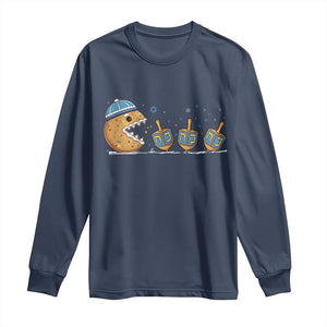 Funny Hanukkah Long Sleeve Shirt Donut Chasing Flames Jewish TS14 Navy Print Your Wear