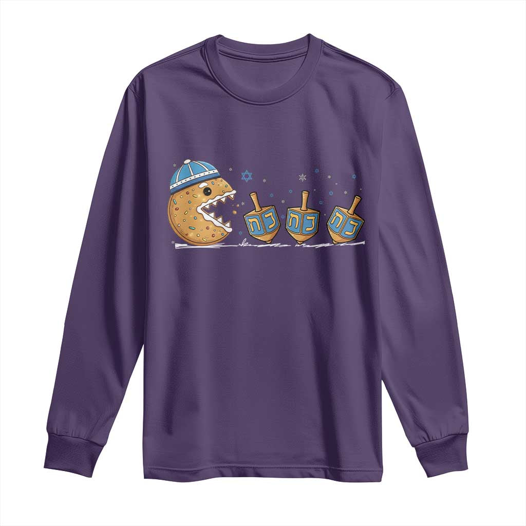 Funny Hanukkah Long Sleeve Shirt Donut Chasing Flames Jewish TS14 Purple Print Your Wear