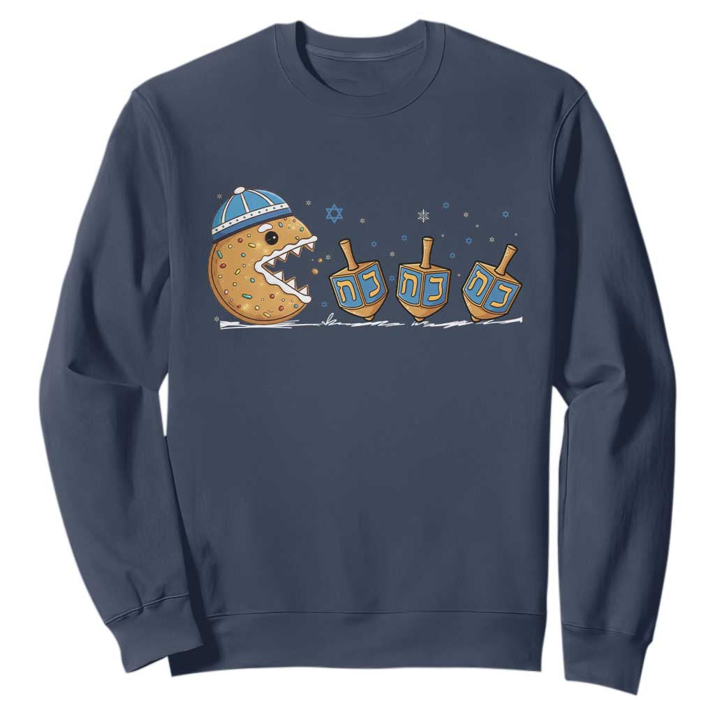 Funny Hanukkah Sweatshirt Donut Chasing Flames Jewish TS14 Navy Print Your Wear