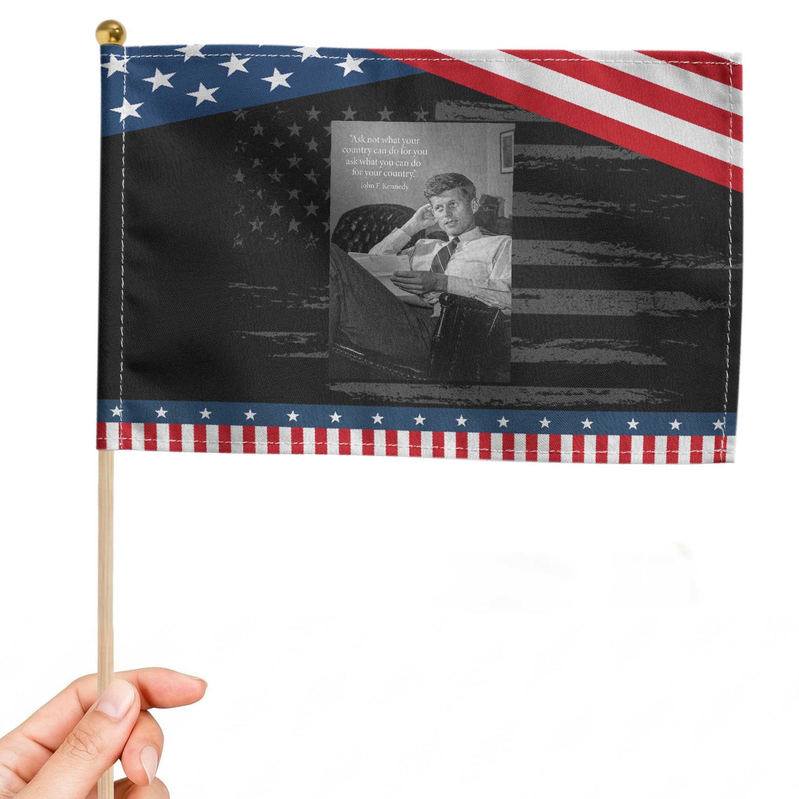 John F Kennedy Quote Patriotic Handheld Flag American President History TS14 Distressed 8.2