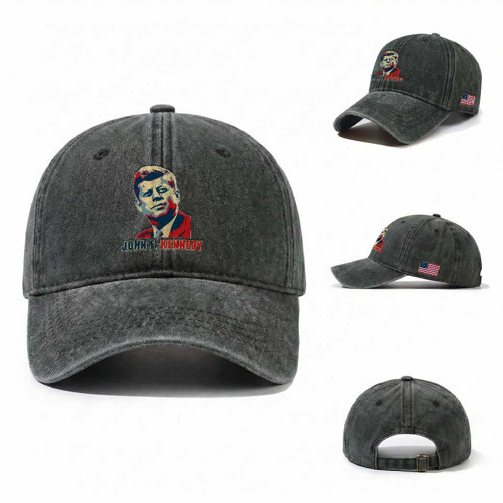 John F Kennedy American Flag US President Washed Cotton Baseball Cap TS14 Washed Cap Universal Fit Dark Green Print Your Wear