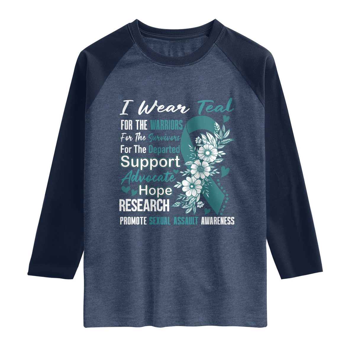 Sexual Assault Awareness Raglan Shirt Teal Ribbon Flower TS14 Heather Denim Navy Print Your Wear