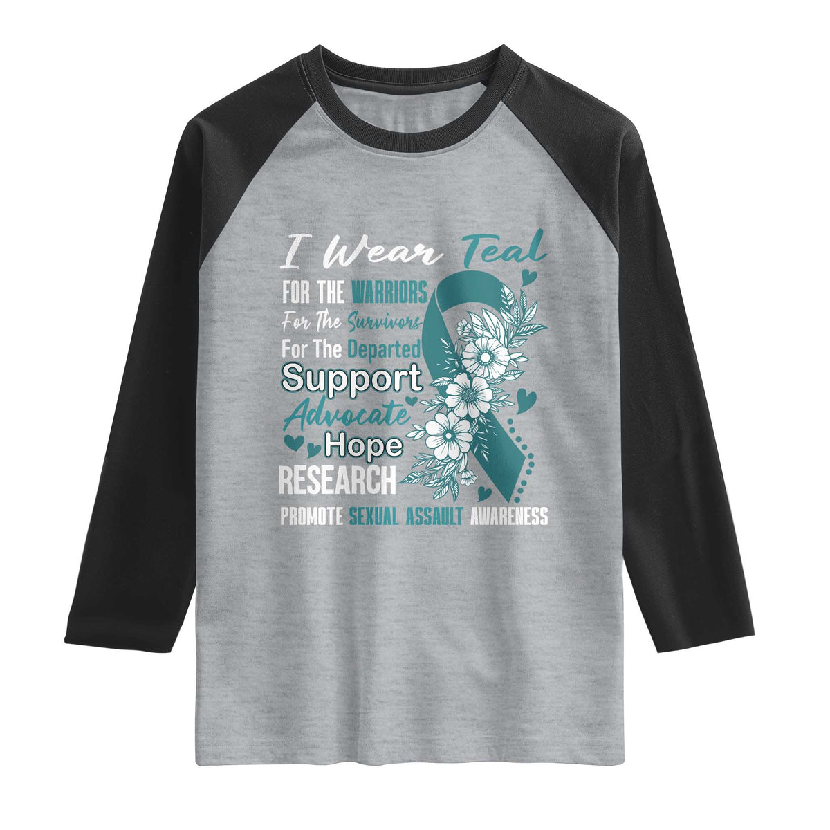 Sexual Assault Awareness Raglan Shirt Teal Ribbon Flower TS14 Heather Gray Black Print Your Wear