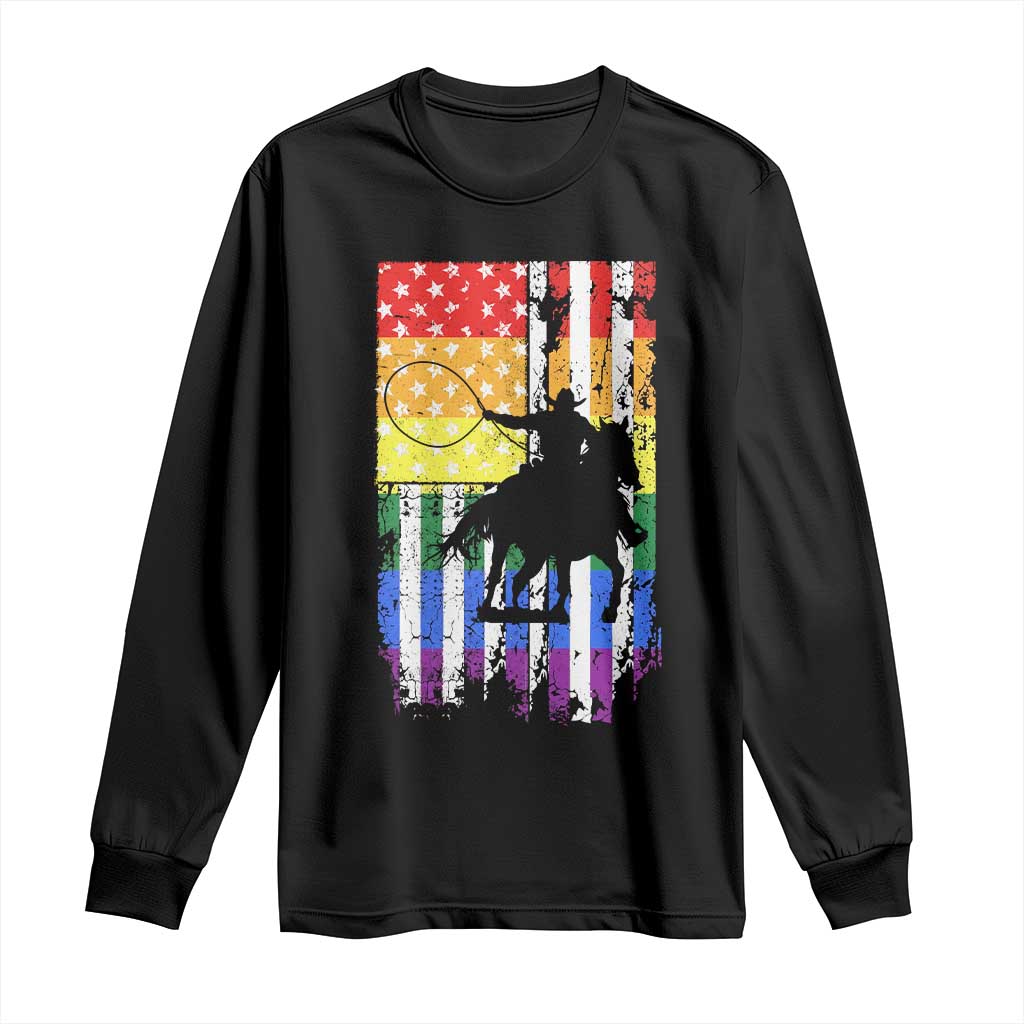 Rodeo Gay Cowboy Western LGBTQ Rainbow Flag Long Sleeve Shirt TS14 Black Print Your Wear