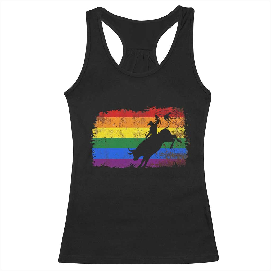 Rodeo Cowboy Bull Rider Western LGBTQ Rainbow Flag Racerback Tank Top TS14 Black Print Your Wear