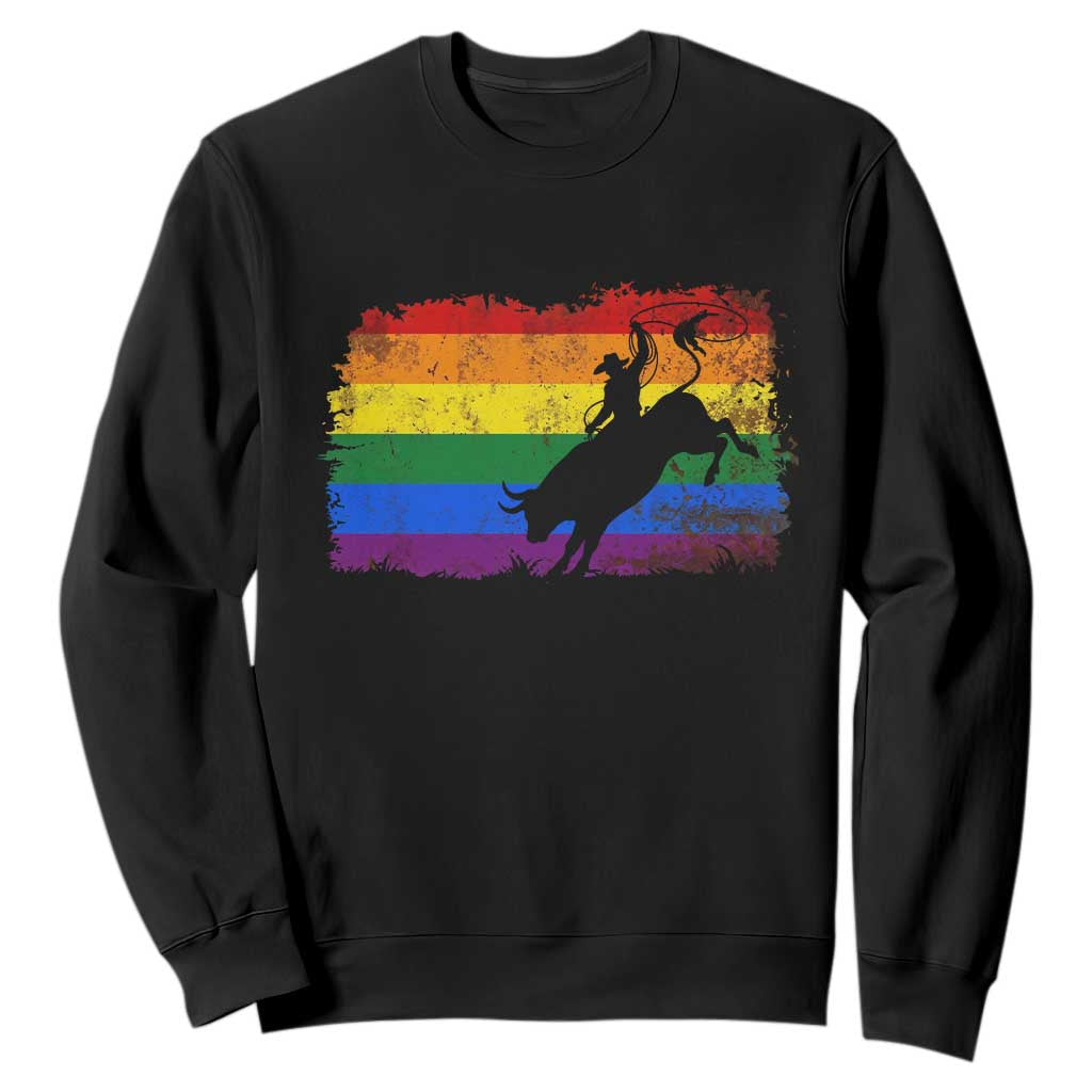 Rodeo Cowboy Bull Rider Western LGBTQ Rainbow Flag Sweatshirt TS14 Black Print Your Wear