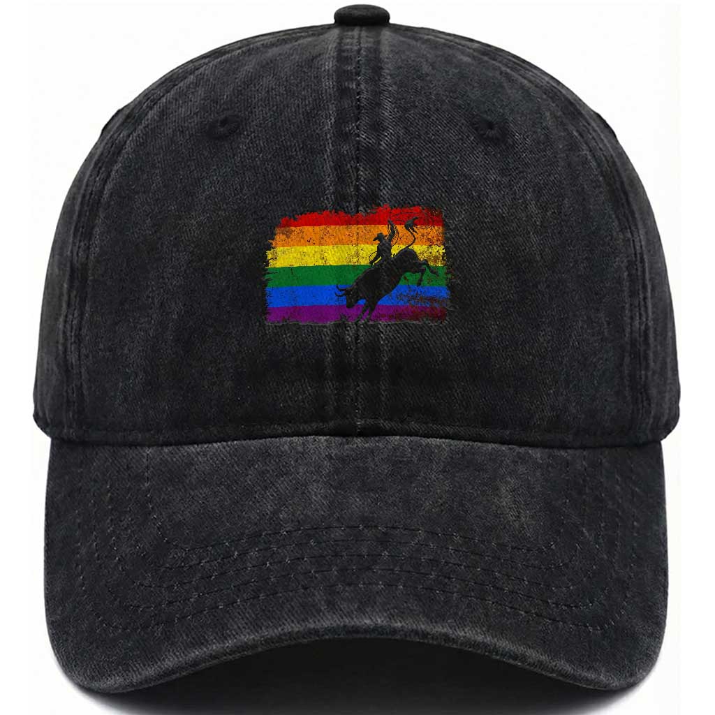 Rodeo Cowboy Bull Rider Western LGBTQ Rainbow Flag Washed Cotton Baseball Cap TS14 Print Your Wear