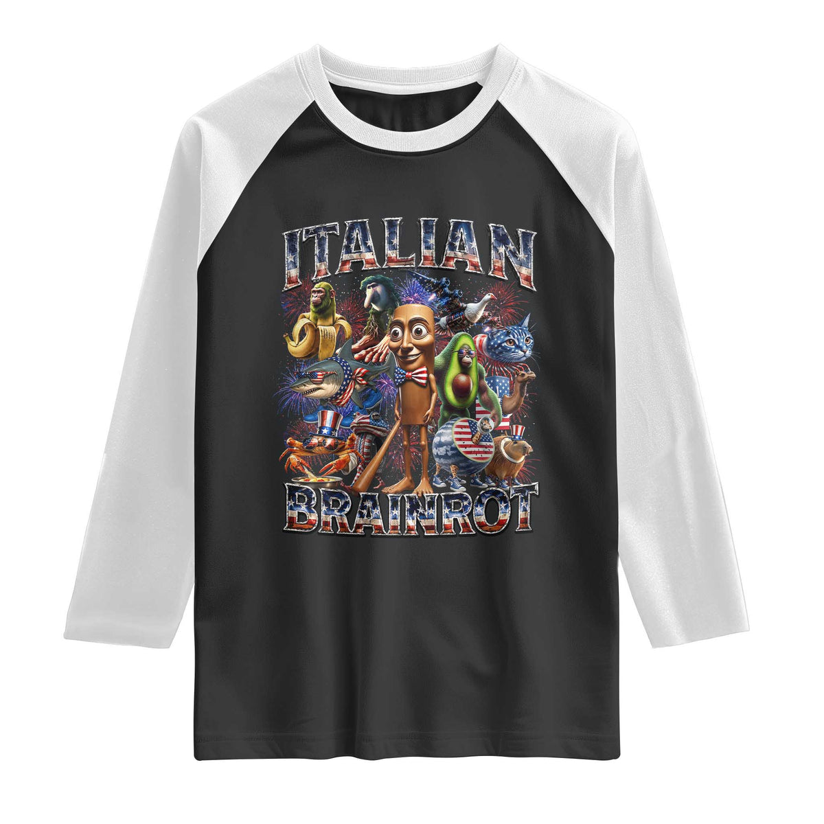 Funny Italian Brainrot Meme 4th of July Raglan Shirt TS14 Black White Print Your Wear