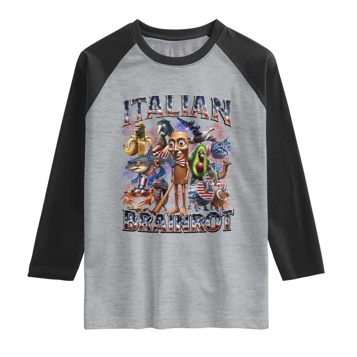 Funny Italian Brainrot Meme 4th of July Raglan Shirt TS14 Heather Gray Black Print Your Wear