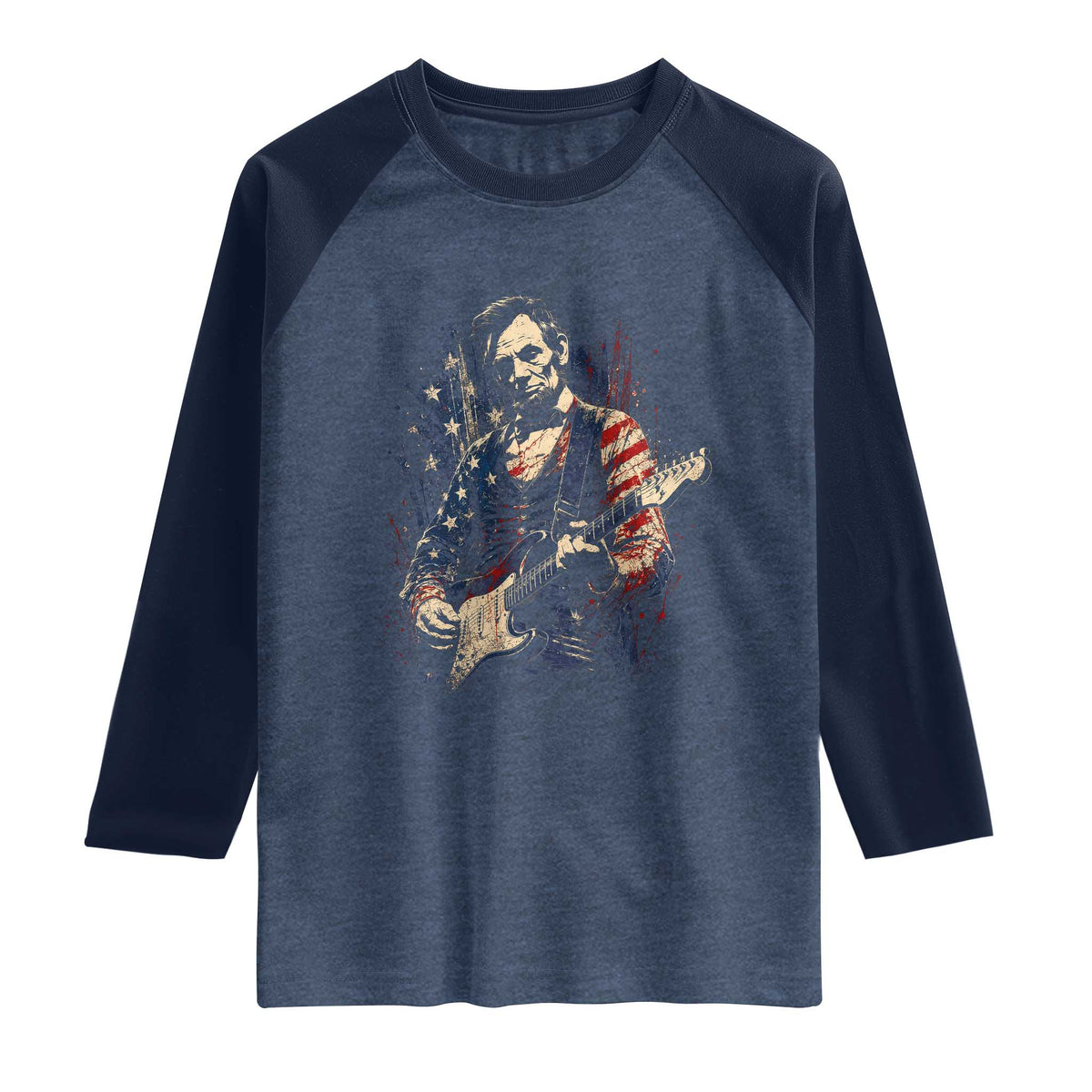 Abraham Lincoln Playing Guitar 4th of July Raglan Shirt TS14 Heather Denim Navy Print Your Wear