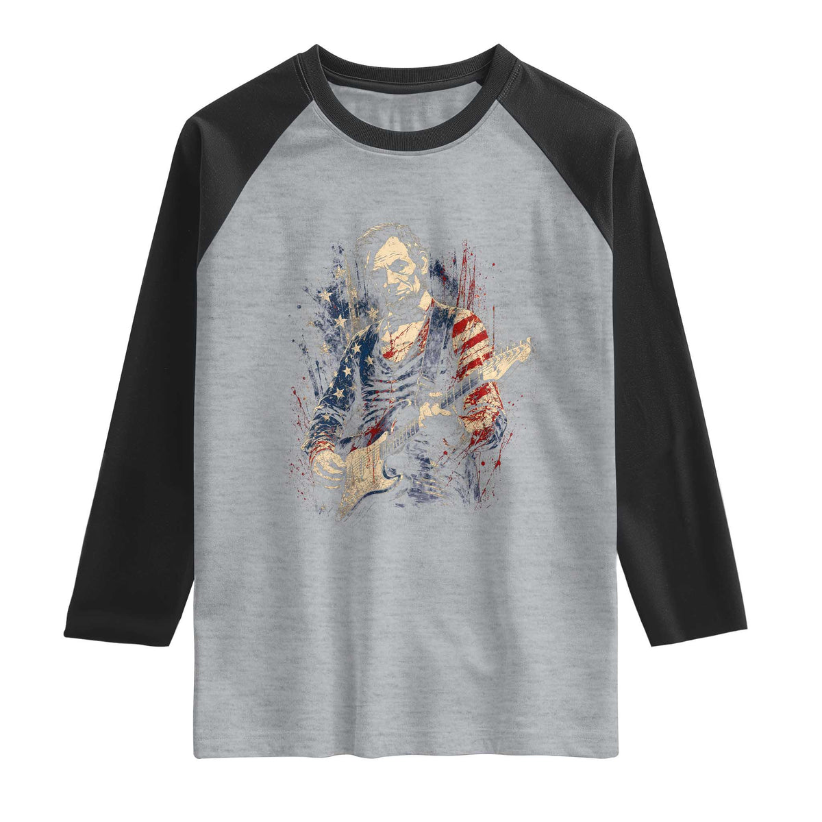 Abraham Lincoln Playing Guitar 4th of July Raglan Shirt TS14 Heather Gray Black Print Your Wear