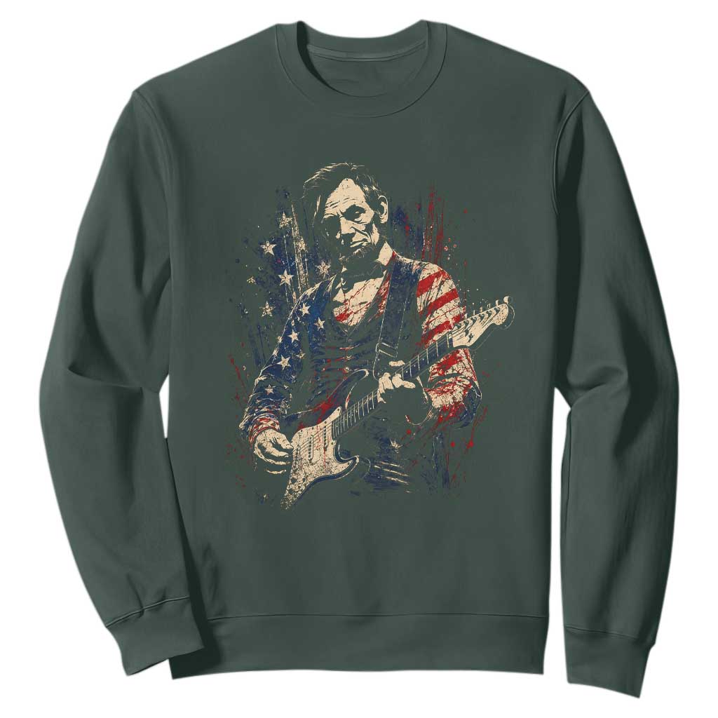 Abraham Lincoln Playing Guitar 4th of July Sweatshirt TS14 Dark Forest Green Print Your Wear