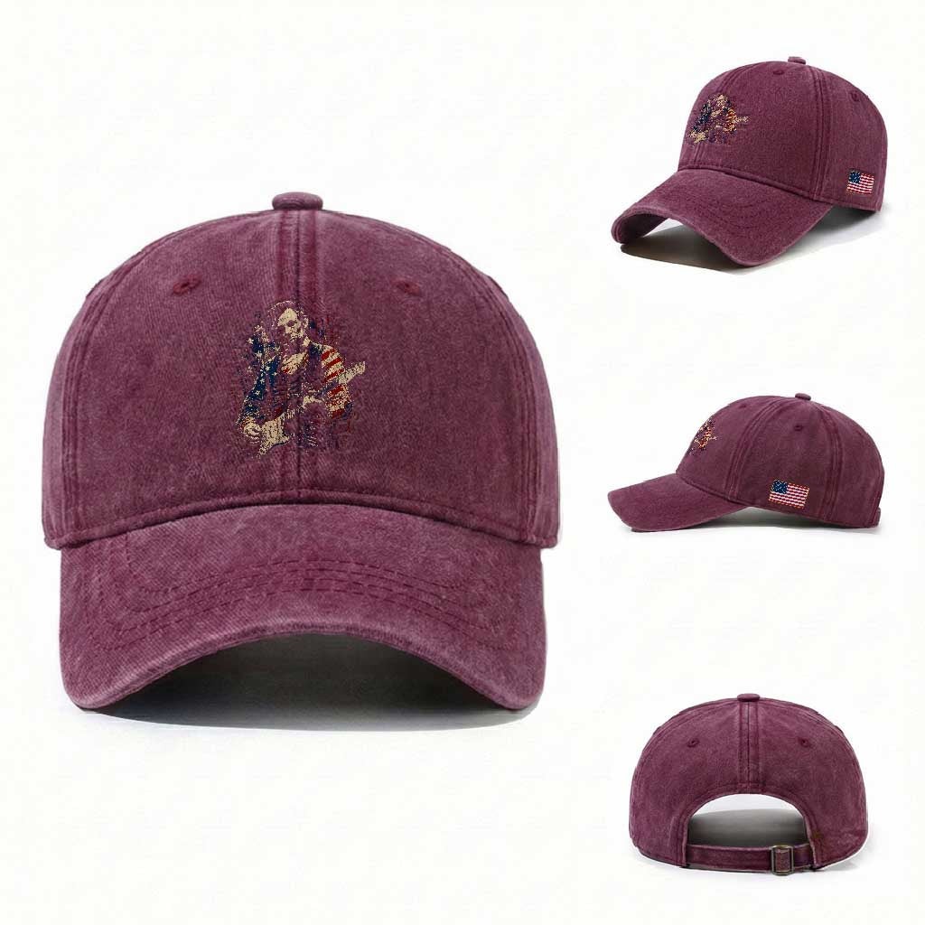 Abraham Lincoln Playing Guitar 4th of July Washed Cotton Baseball Cap TS14 Washed Cap Universal Fit Burgundy Print Your Wear
