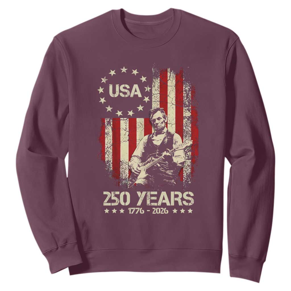 America's 250th Abraham Lincoln Playing Guitar Sweatshirt TS14 Maroon Print Your Wear
