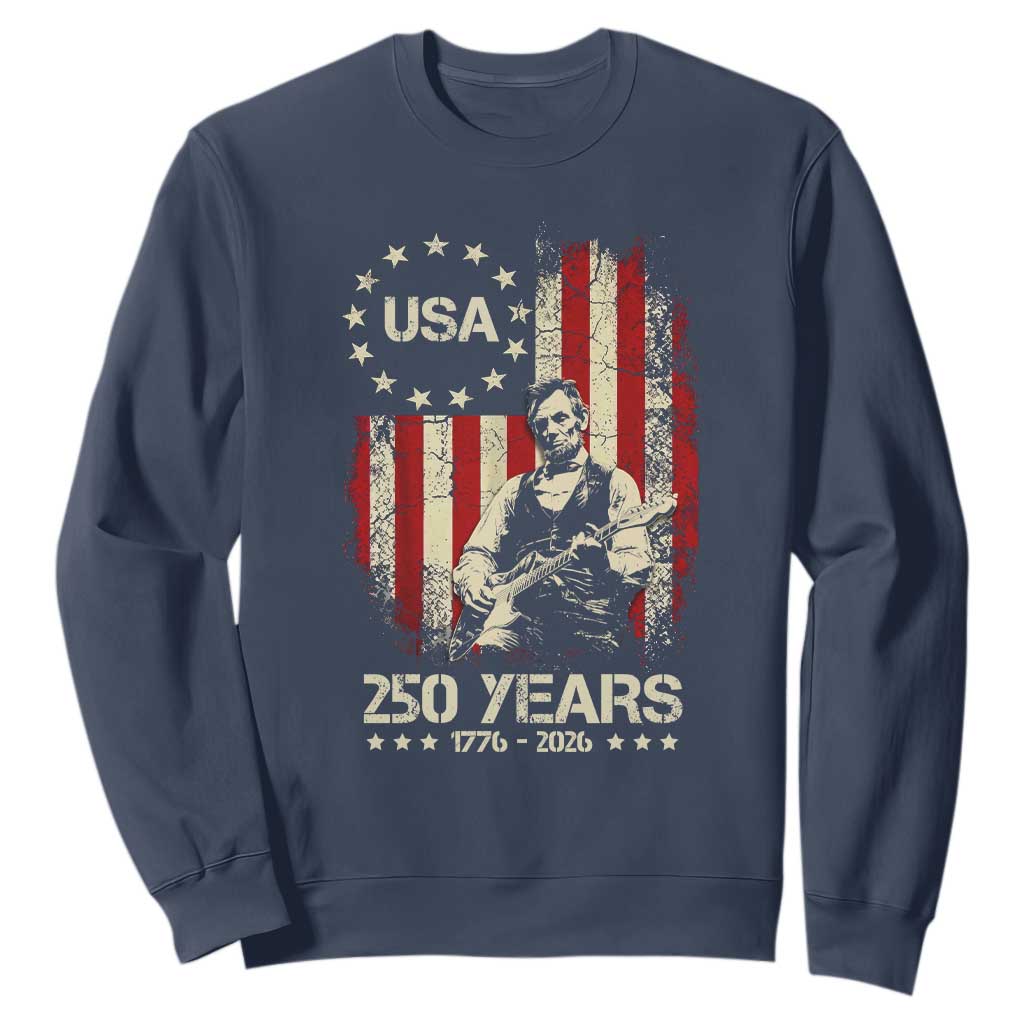 America's 250th Abraham Lincoln Playing Guitar Sweatshirt TS14 Navy Print Your Wear