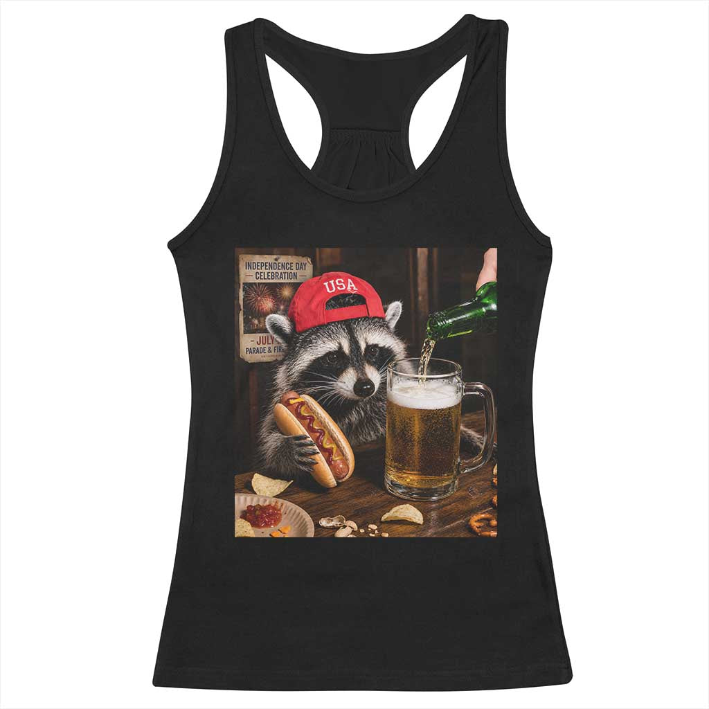Patriotic USA Raccoon Drinking Beer Racerback Tank Top 4th of July Meme TS14 Black Print Your Wear