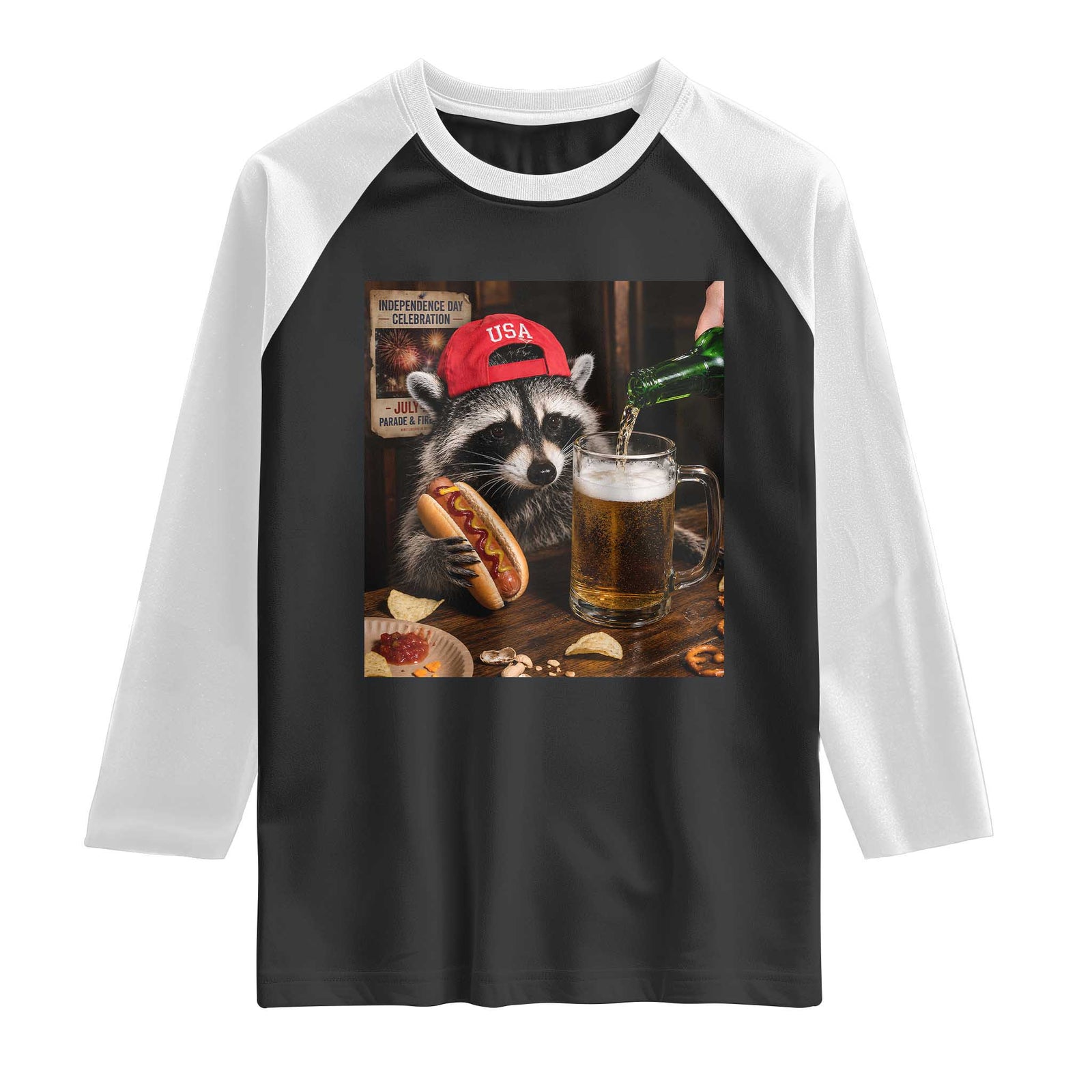 Patriotic USA Raccoon Drinking Beer Raglan Shirt 4th of July Meme TS14 Black White Print Your Wear