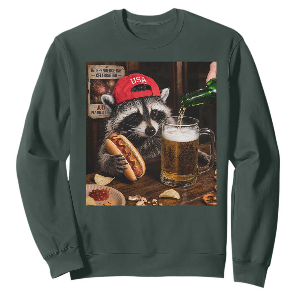 Patriotic USA Raccoon Drinking Beer Sweatshirt 4th of July Meme TS14 Dark Forest Green Print Your Wear
