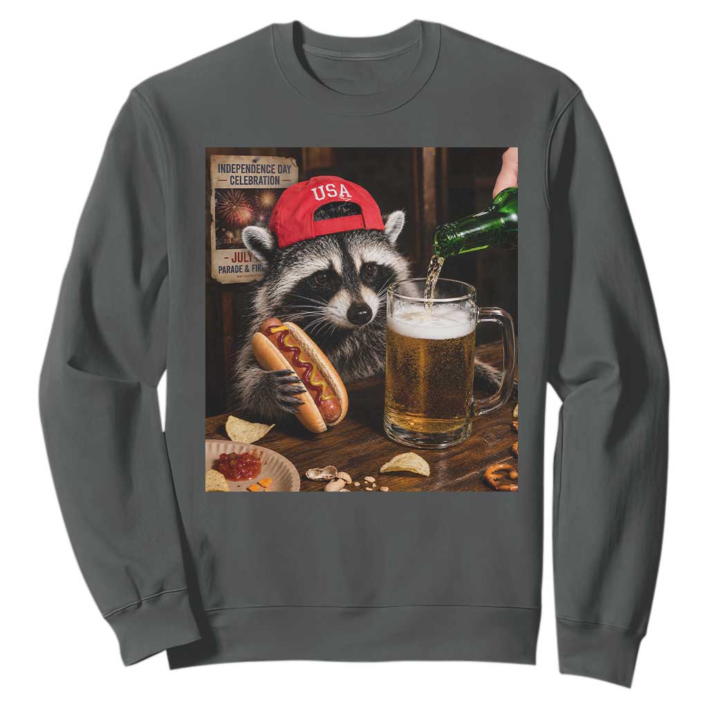 Patriotic USA Raccoon Drinking Beer Sweatshirt 4th of July Meme TS14 Dark Heather Print Your Wear